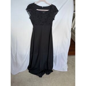 Black Sequin Floral Bodice Gown Cap Sleeve Maxi Dress S 2 Party Holiday